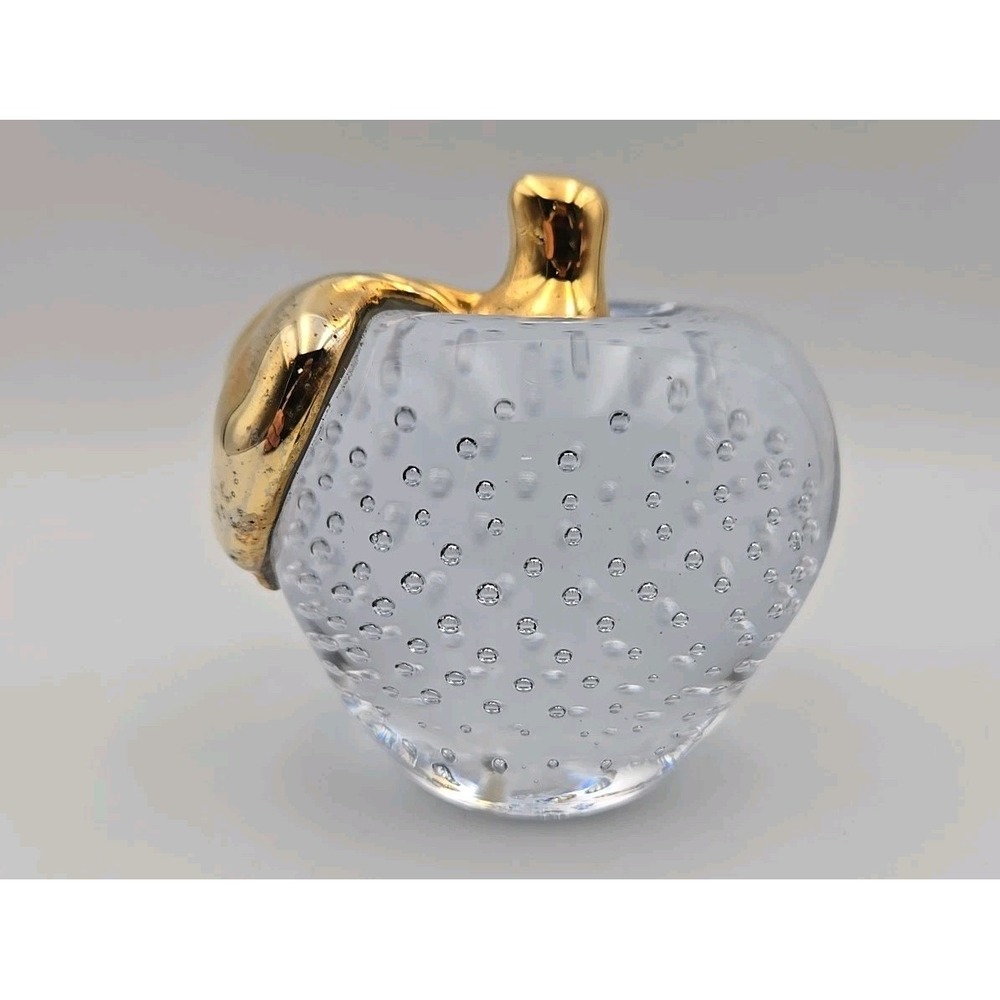 Art Glass Hand Blown Clear Controlled Bubbles Apple Gold Stem Paperweight